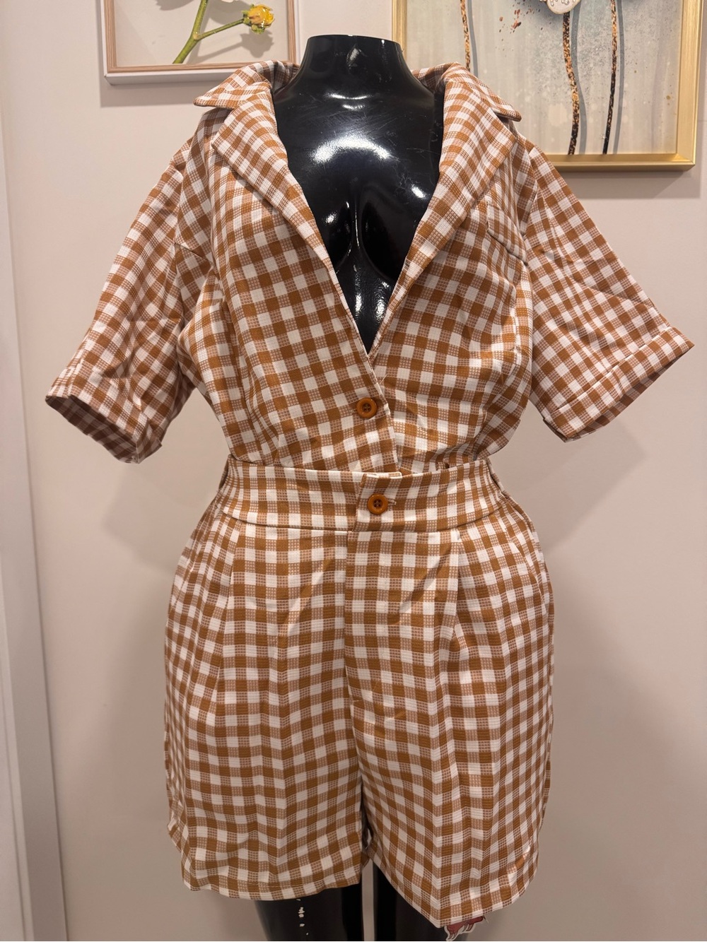NEW Checked Short Jumpsuit in Brown & White